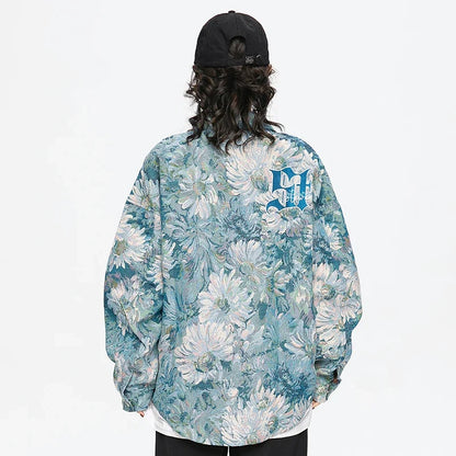 Trendy Gothic Daisy Print Varsity Jacket