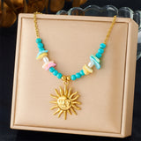 Turquoise Pearl Golden Sun Pendant Necklace