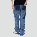 Patchwork Washed Straight Denim Pants