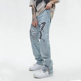 Butterfly Snake Embroidery Straight Denim Pants