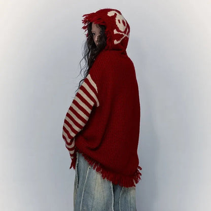Y2K Fringed Skull Loose Sweater