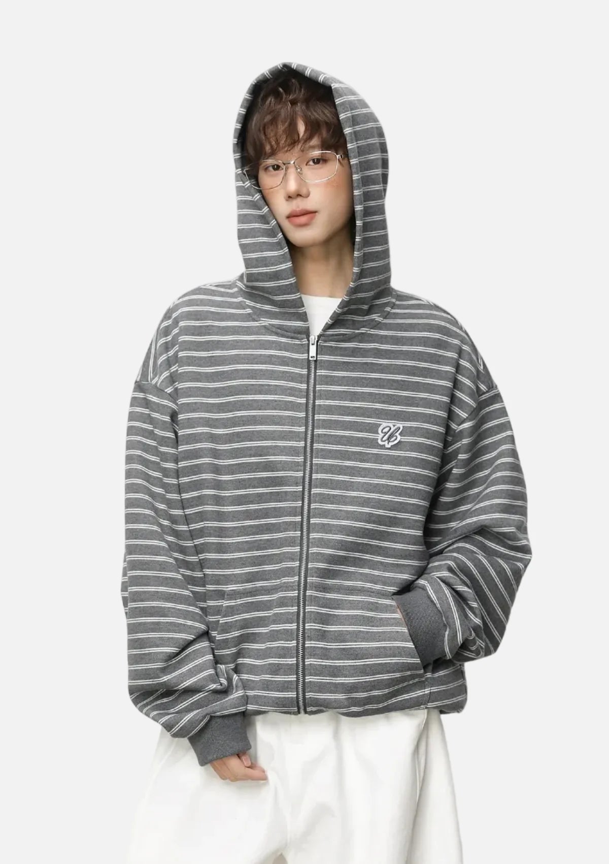 Y2K Embroidered Oversized Striped Hooded Sweatshirt