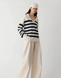 Women Navy Striped Loose Cashmere Sweater
