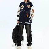 Embroidered Multi Badges Baseball Varsity Jacket