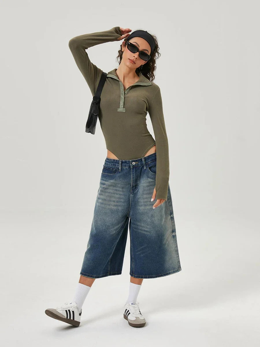Retro Washed Gradient Wide Leg Jorts