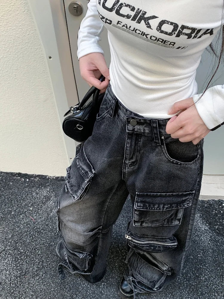 Black Washed Streetware Baggy Cargo Jeans