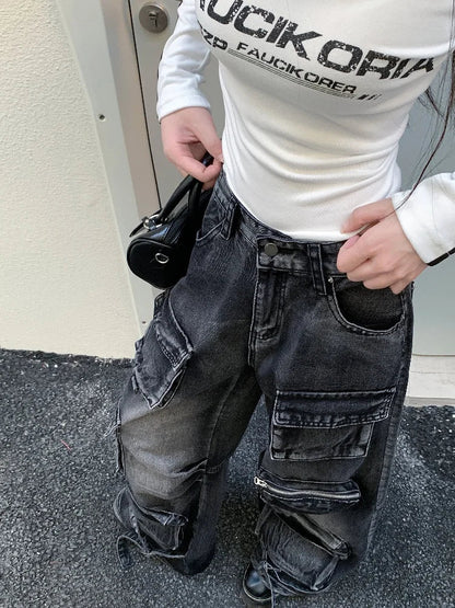 Black Washed Streetware Baggy Cargo Jeans