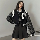 Punk Style Black White Leather Varsity Jacket