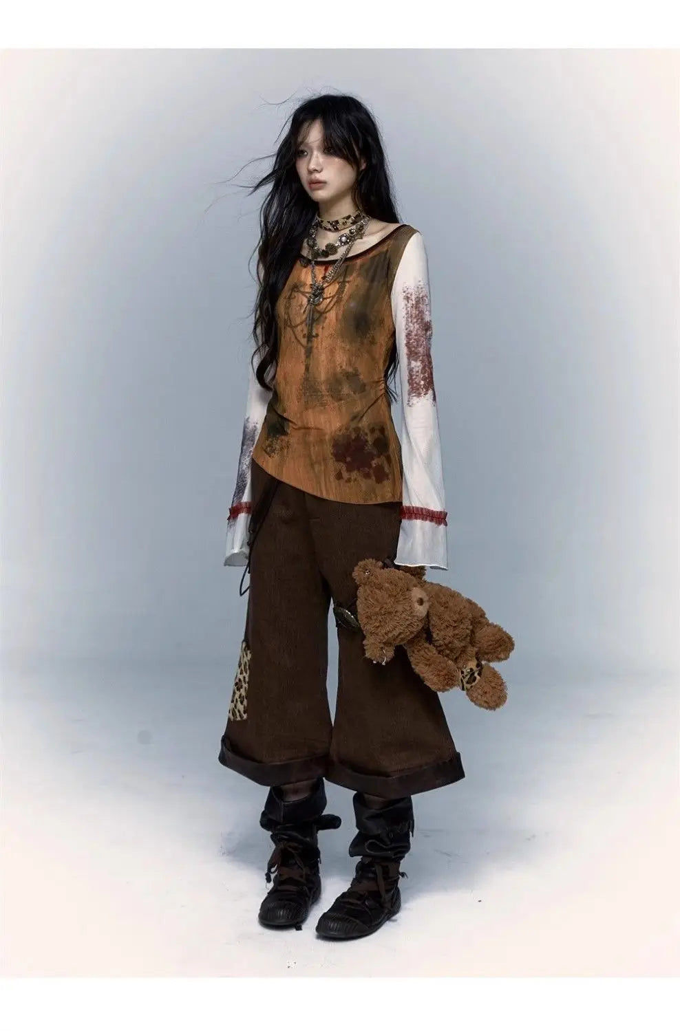 Gothic Patchwork Mesh Long Sleeve T-Shirt