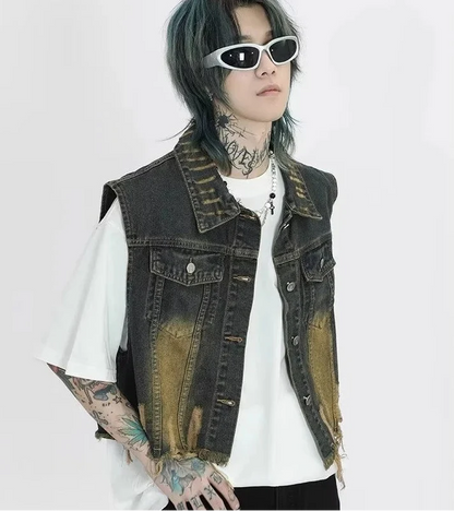 Cowboy Style Distressed Denim Vest