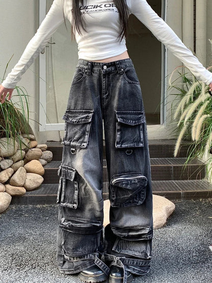 Black Washed Streetware Baggy Cargo Jeans