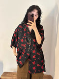 Women Vintage Japanes Style Flower Print Loose Blouse Shirt