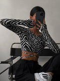 Long Sleeves Leopard Backless Slim Crop Top