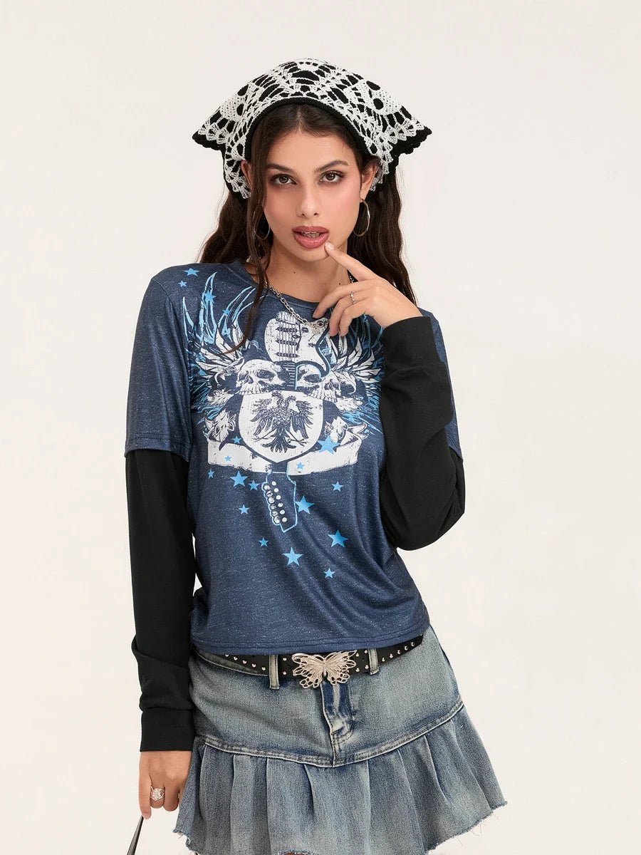 Women Patchwork Gothic Crew Neck T-Shirt