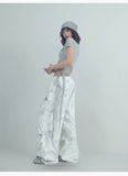 White Printed Knitted Paratrooper Pants