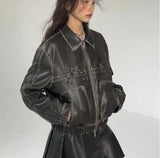 Women Durable Faux Bow Zipper Leather Jacket