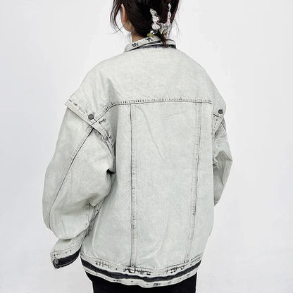 Washed Gray Oversize Letter Work Denim Jacket