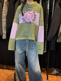 Green Circular Slogan Round Neck Sweater
