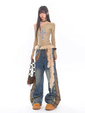 Retro Patchwork Leather Studded Distressed Jeans