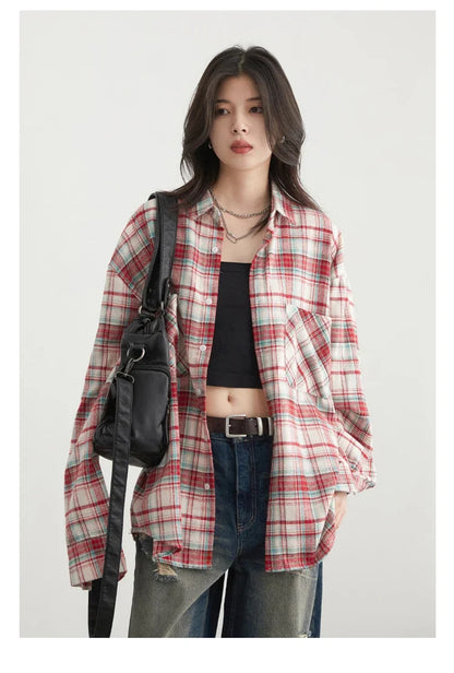 Women Streetwear Cool Color Blocked Grid Chic Cotton Shirt