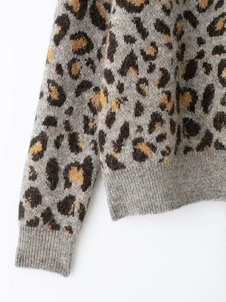Leopard Knit Casual Cropped Sweater