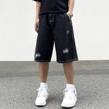 Ripped Lion Embroidery Black Denim Shorts