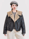 Women Warm Shearling Double Breasted Aviator Leather Jacket