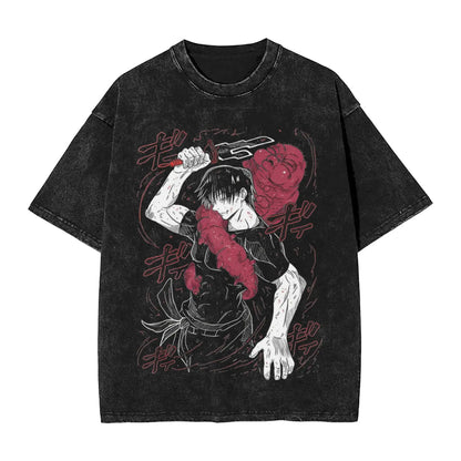 Anime Girl Dinner Print Washed T-Shirt