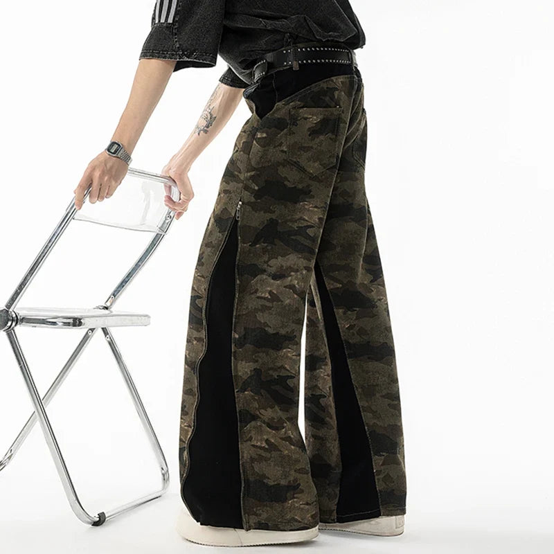 American Style Zipper Split Camouflage Wide-Leg Jeans