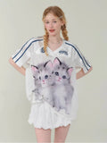 Funny Cat Print Football Jersey T-Shirt