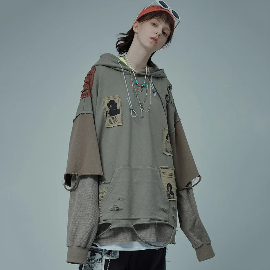 Broken Patchwork Oversized Hip Hop Hoodie