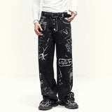American Style Graffiti Print Loose Straight Jeans