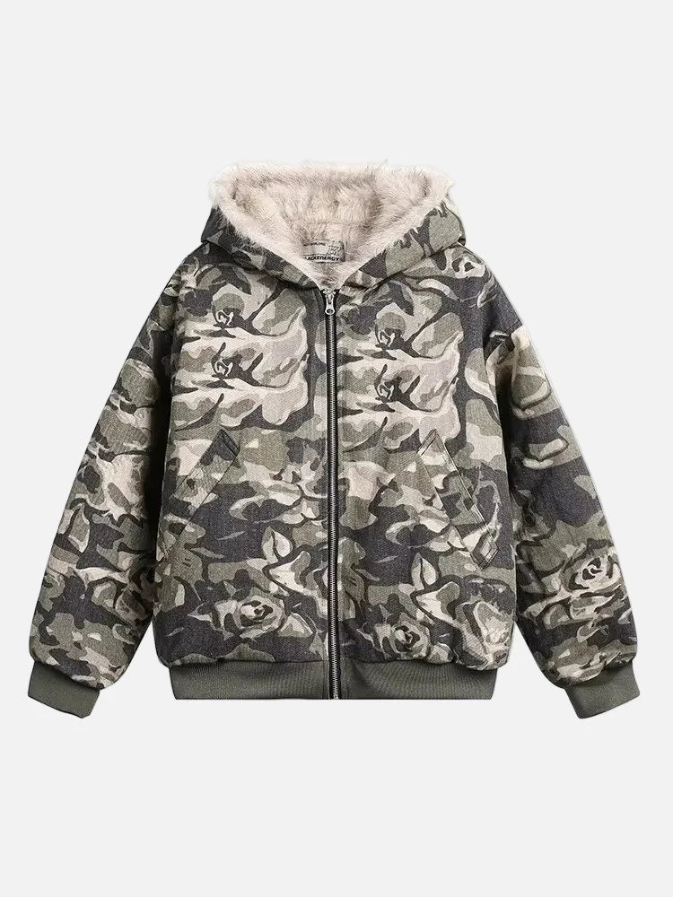 Warm Camouflage Faux Fur Hooded Parka Jacket