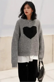 Heart Print Gray Knitted Oversize Sweater