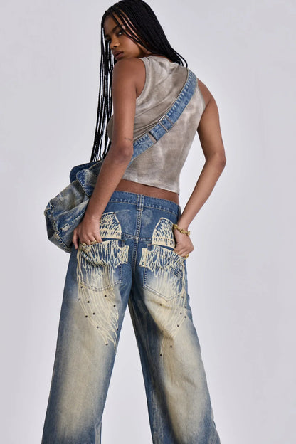 Vintage Wing Pattern Baggy Wide Leg Jeans