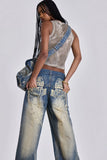 Vintage Wing Pattern Baggy Wide Leg Jeans