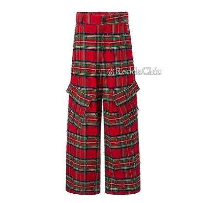 Durable Red Block Plaid Ripped Pants