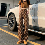 Brown Plaid High-waist Women's Pants