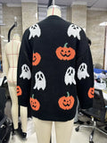 Halloween Cozy Pumpkin Pattern Knit Cardigan