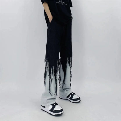 Flattering Contrast Color Tassel Loose Jeans