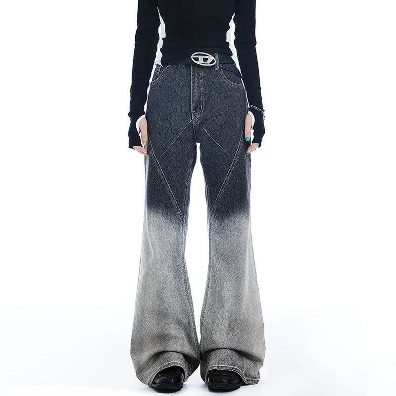 Gradient Color Patchwork Bootcut Denim Jeans