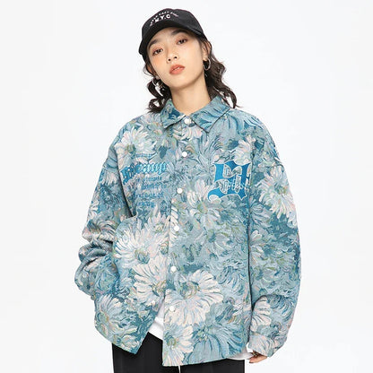 Trendy Gothic Daisy Print Varsity Jacket