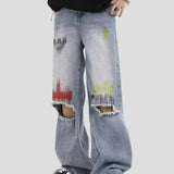 Trendy Blue Washed Ripped Straight Leg Jeans