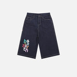 Vintage Letter Print Wide Leg Washed Denim Jorts