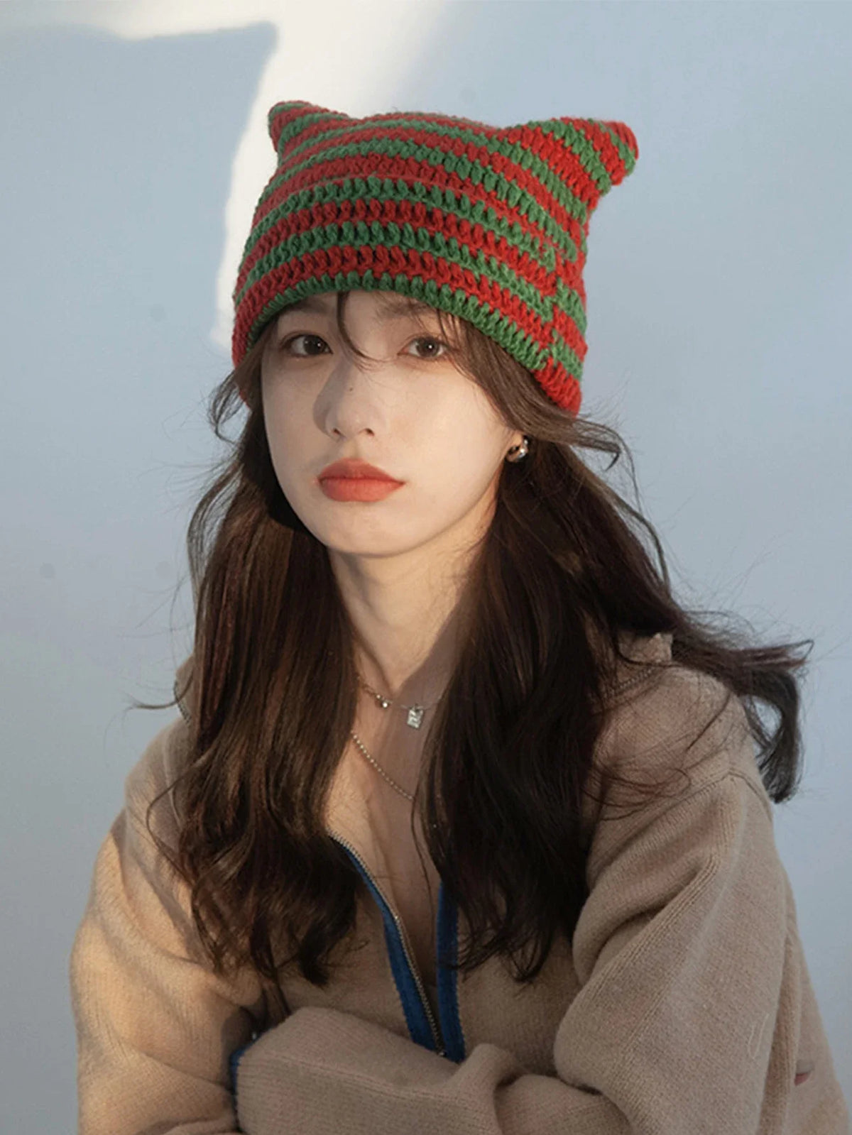 Cute Cat Ears Striped Beanie