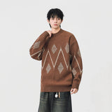 Cozy Argyle Knit Crew Neck Classic Sweater
