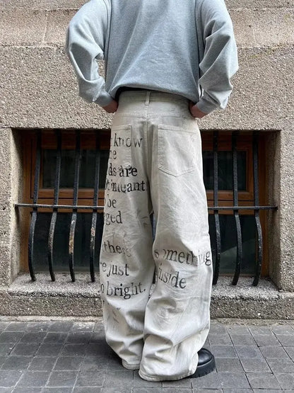 Cyber Y2K Printed White Baggy Jeans