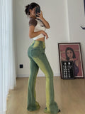 Women Vintage Green High Waist Flared Jeans