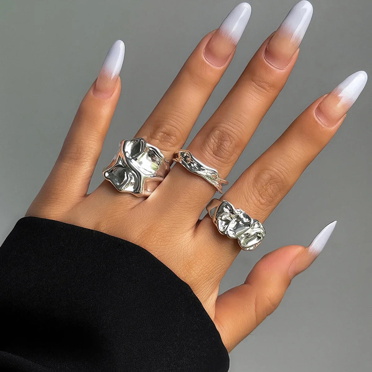 Model wearing the silver Folded Tin Foil Rings
