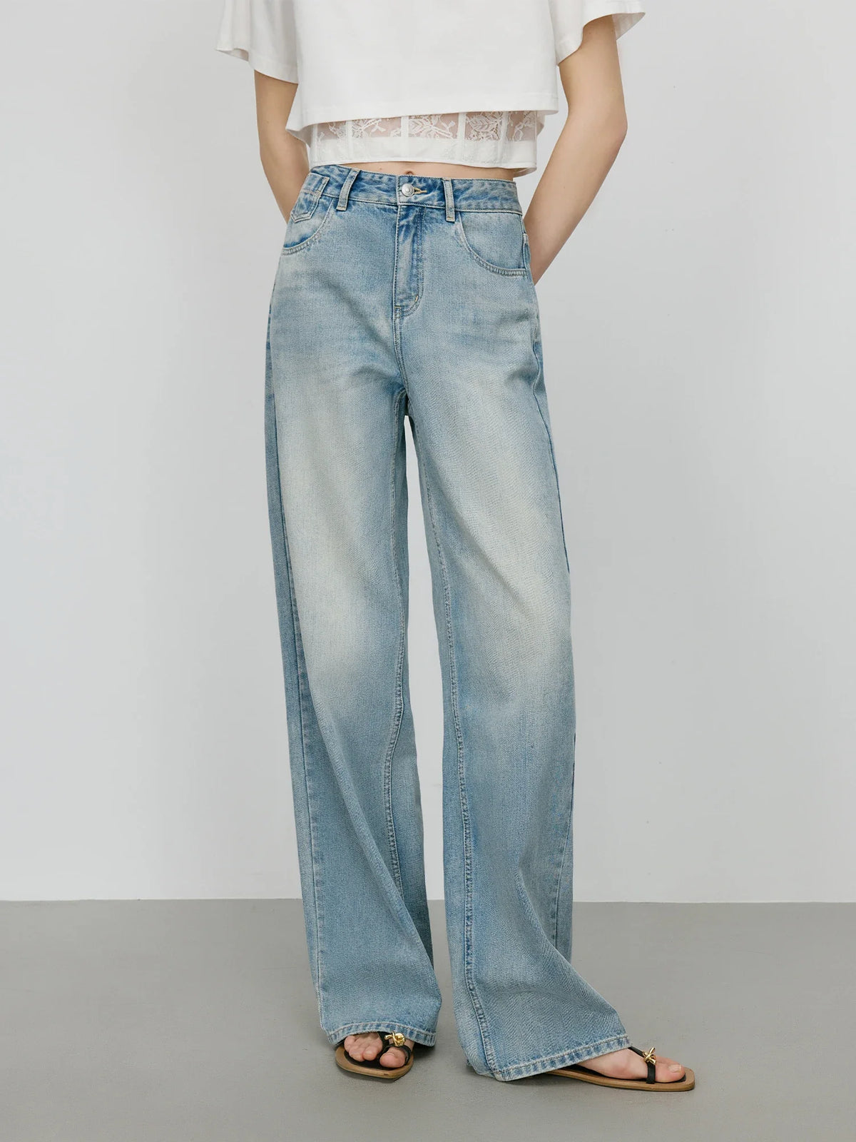 Vintage Wash Distressed Relaxed Straight Jeans